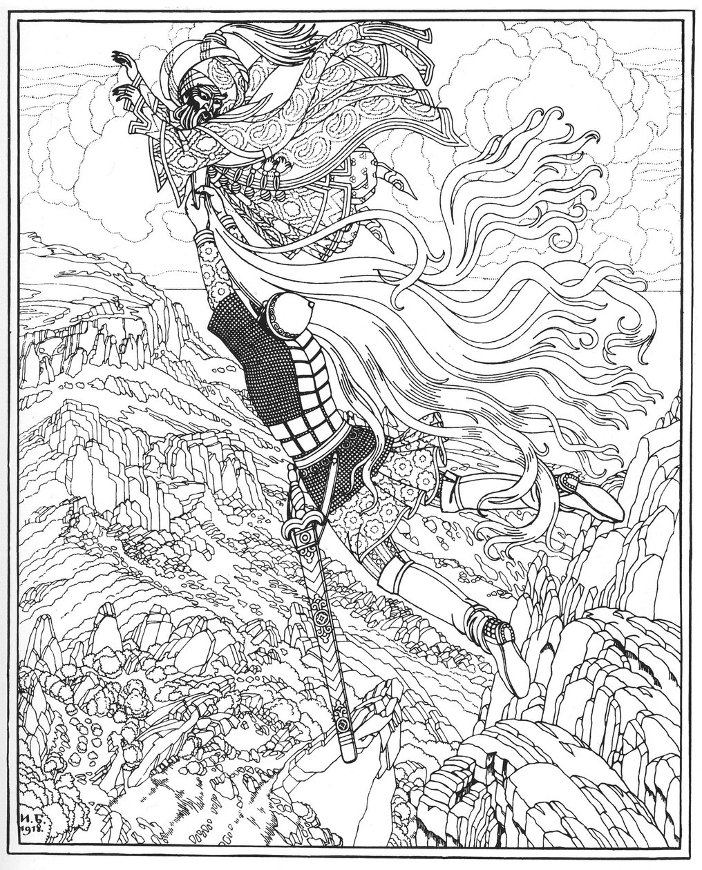 Csernomor és Ruslan repülése. Illusztráció A. Puskin Ruslan és Ljudmila című verséhez, 1918 alkotó: Ivan Yakovlevich Bilibin