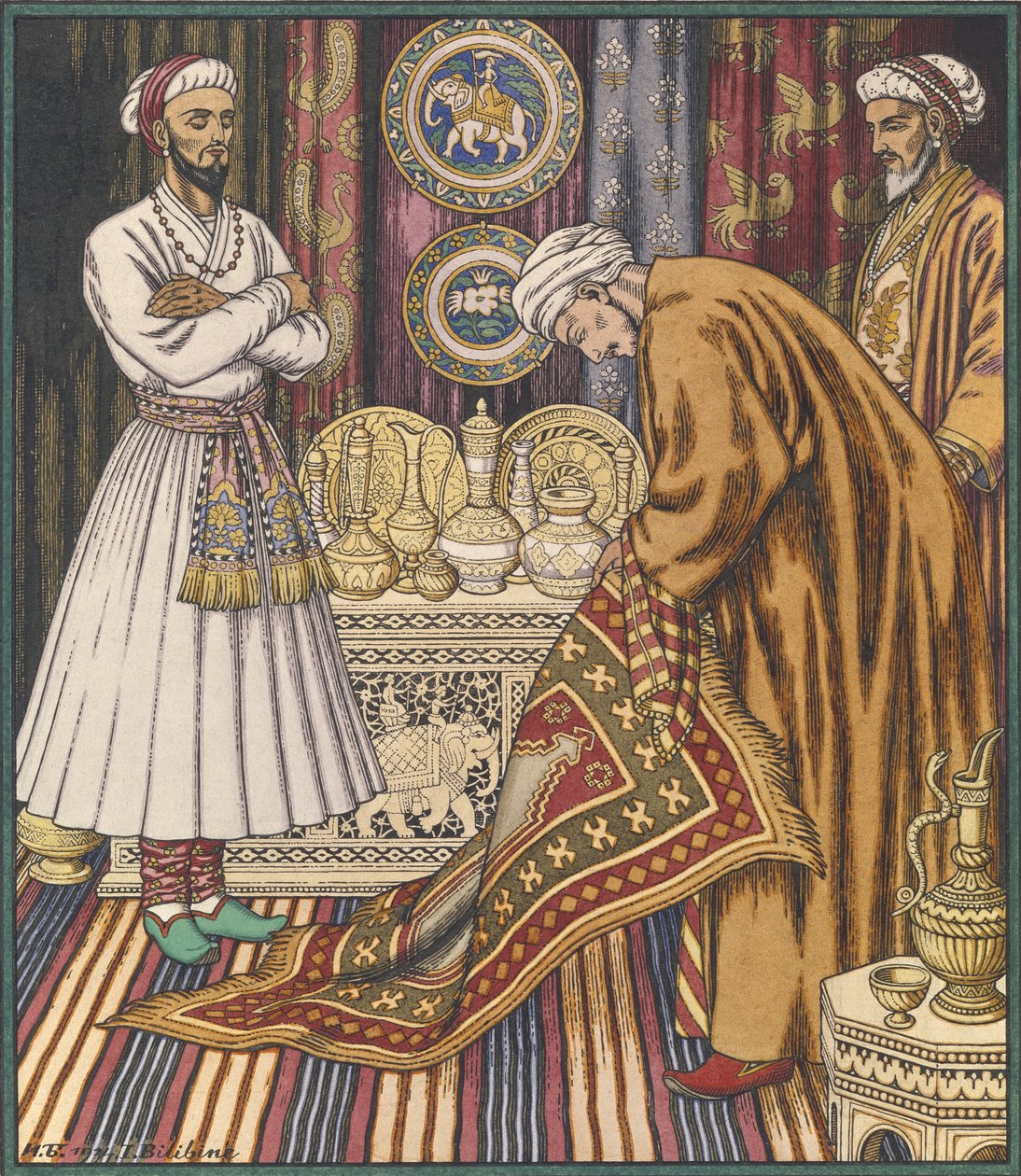 Ali herceg szőnyeget vásárol. Illusztráció az arab tündérmesékhez alkotó: Ivan Yakovlevich Bilibin