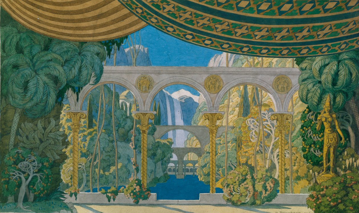 Csernomor kertjei. Színpadterv M. Glinka Ruslan és Ludmila című operájához, 1913 alkotó: Ivan Yakovlevich Bilibin