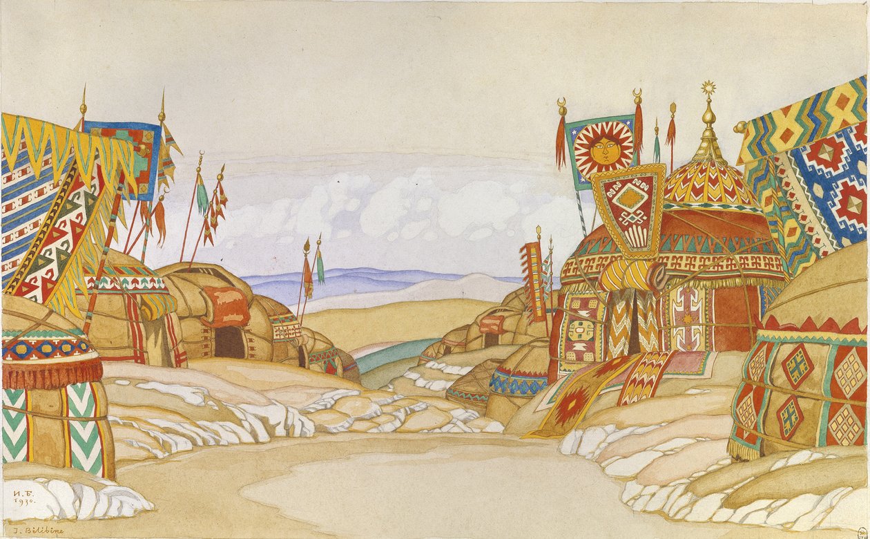 A polovci tábor. Színpadterv A. Borodin Igor herceg című operájához, 1930 alkotó: Ivan Yakovlevich Bilibin