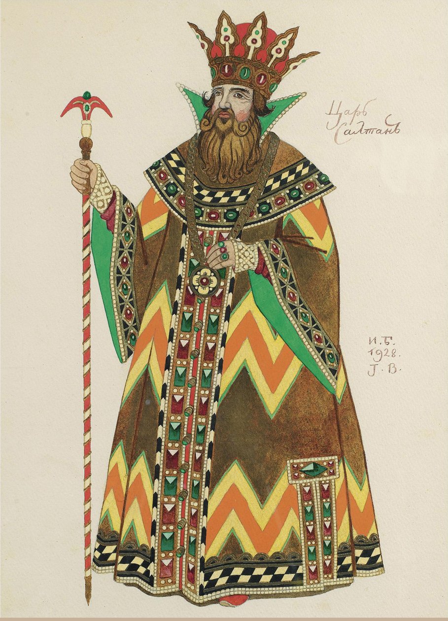 Saltan cár. Jelmezterve N. Rimszkij-Korszakov A Saltan cár meséje című operájához, 1928 alkotó: Ivan Yakovlevich Bilibin