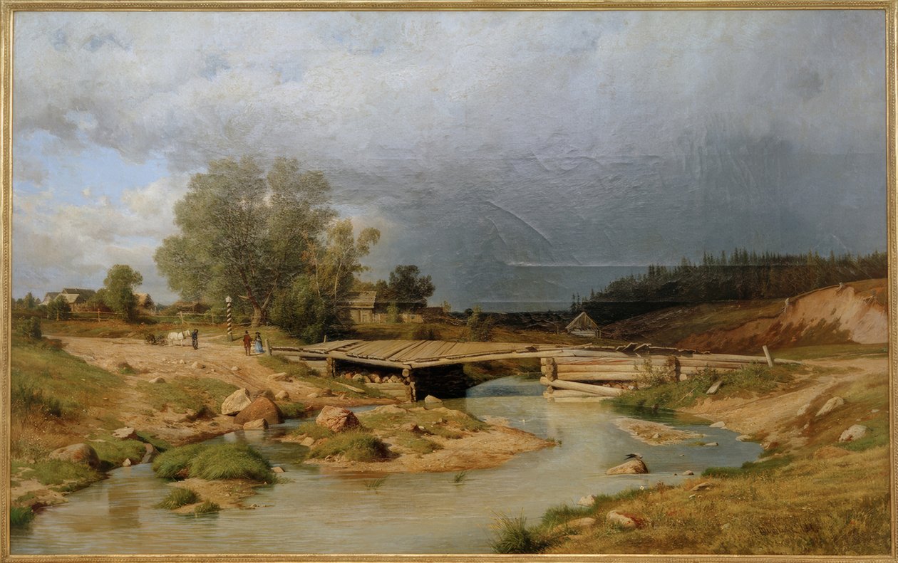 Táj egy fahíddal alkotó: Ivan Ivanovich Shishkin