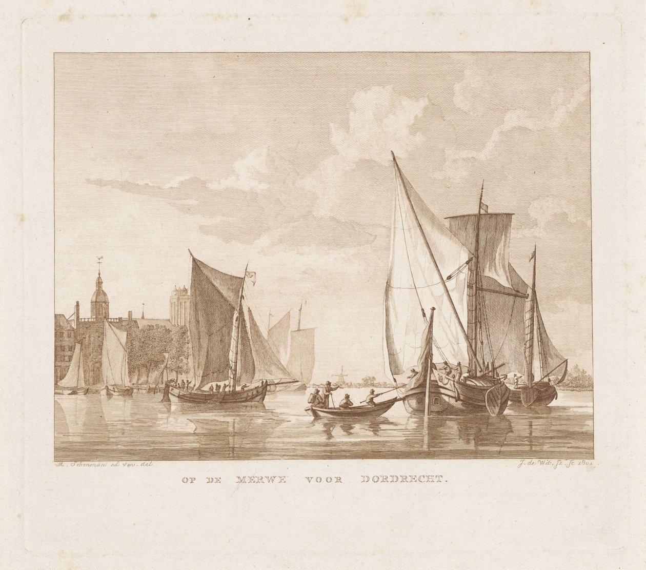 Vitorlás hajók és sloop Dordrechtbe A Merwen, Dordrecht előtt (cím az objektumon) alkotó: Izaak Jansz. de Wit
