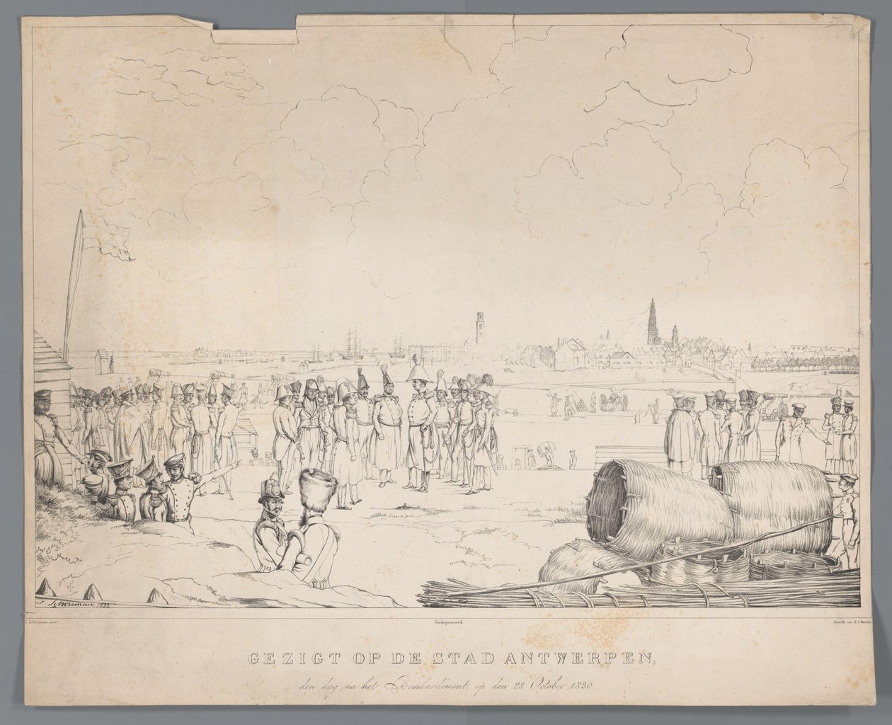 Antwerpen városának kilátása a bombázás másnapján, 1830. október 28-án (cím a tárgyon) alkotó: Izaak Schouman