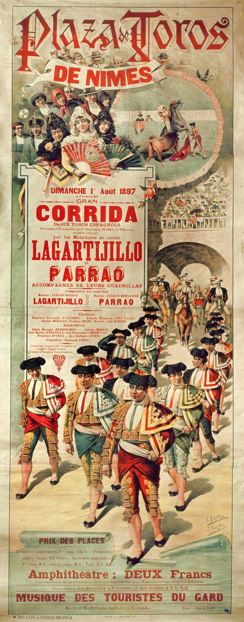 Plakát egy bikaviadalt reklámozva a Plaza de Toros-on, Nimes, 1897. augusztus 1., metszette J. Ortega. alkotó: J. and Pastor, E. Estellor