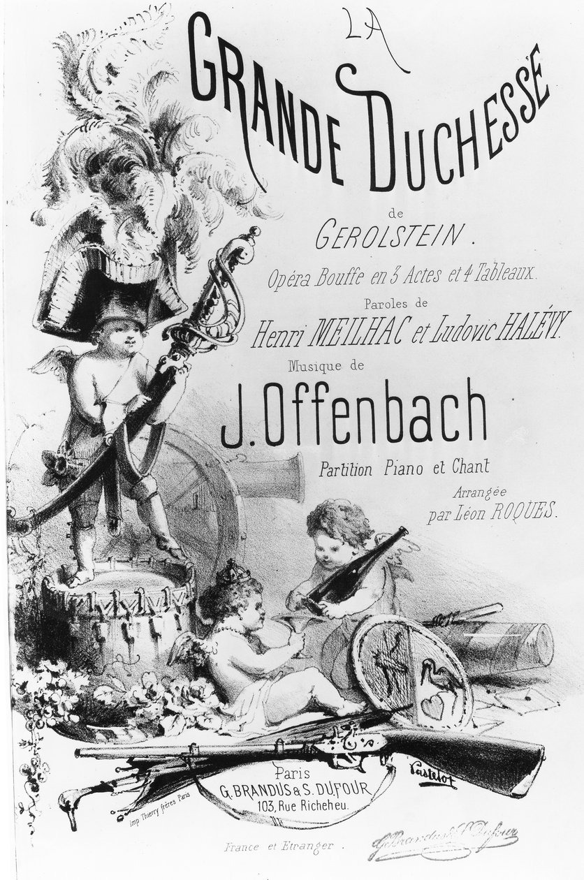 Borító a „La Grande Duchesse de Gerolstein” zongora- és énekszólóihoz, Henri Meilhac és Ludovis Halévy szavai és J. Offenbach zenéje, a Thierry testvérek által készített nyomat, 1867 körül alkotó: J. A. A. Pastelot