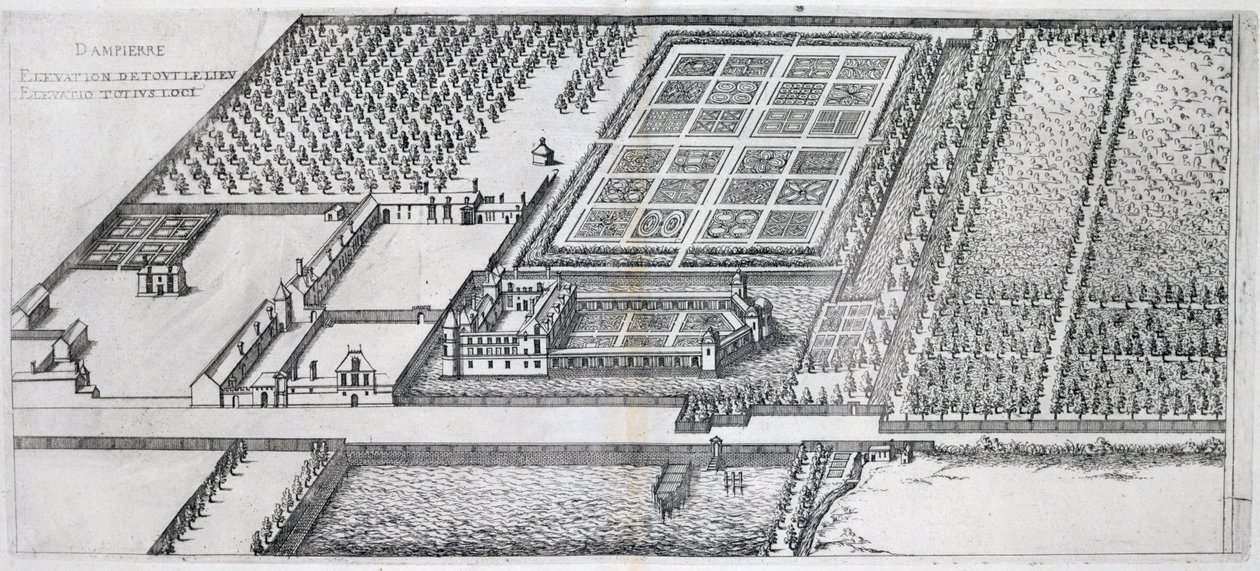 Chateau de Dampierre, kilátás a birtokra, a Les Plus Belles Bastiments de France-ból, 1570-es évek alkotó: J. Androuet Ducerceau