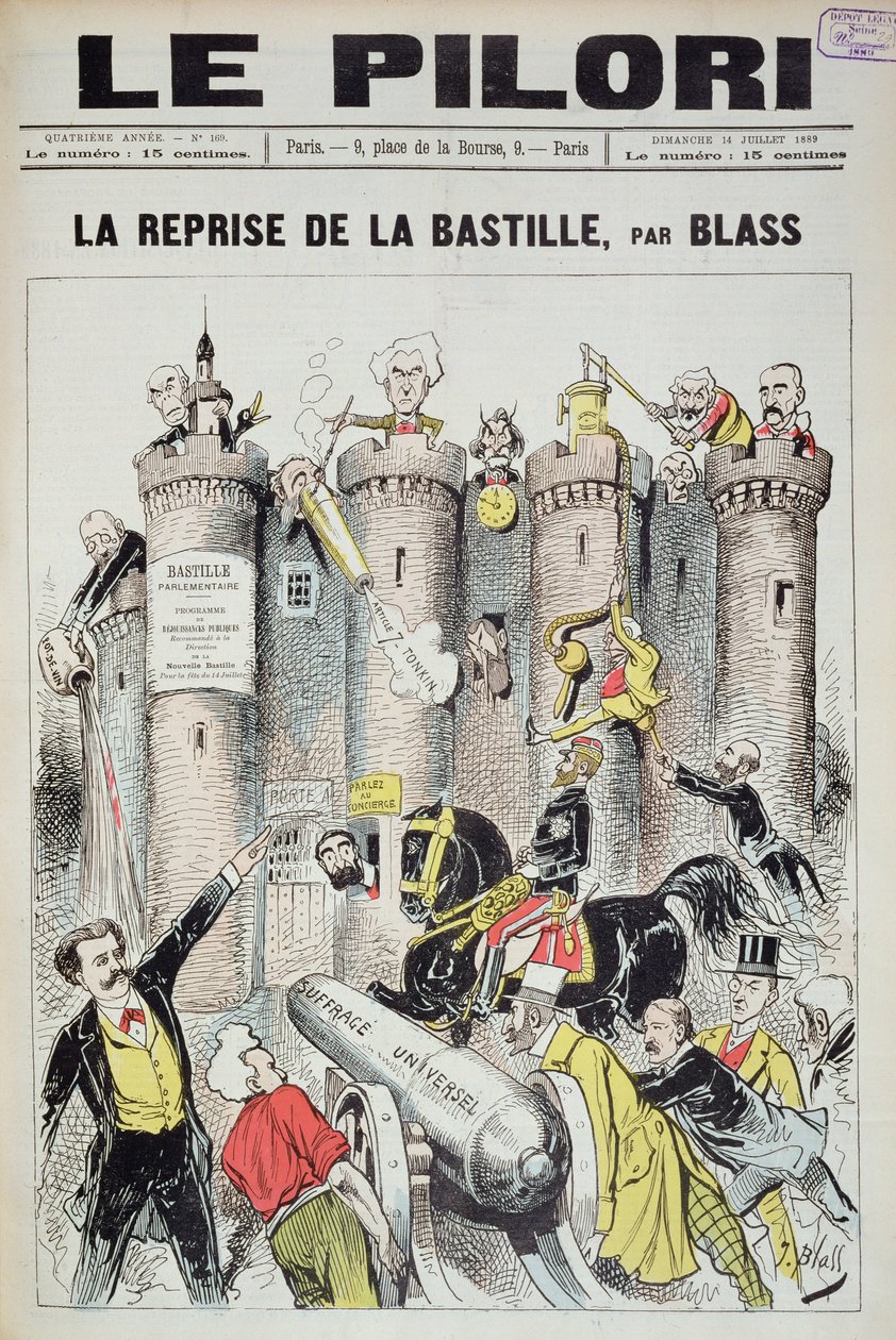 A "Le Pilori" címlapja, amely Boulanger tábornokot (1837-91) ábrázolja, amint "beveszi" a Bastille-t. Karikatúra az 1889-es francia választásokról, 1889. július 14. alkotó: J. Blass