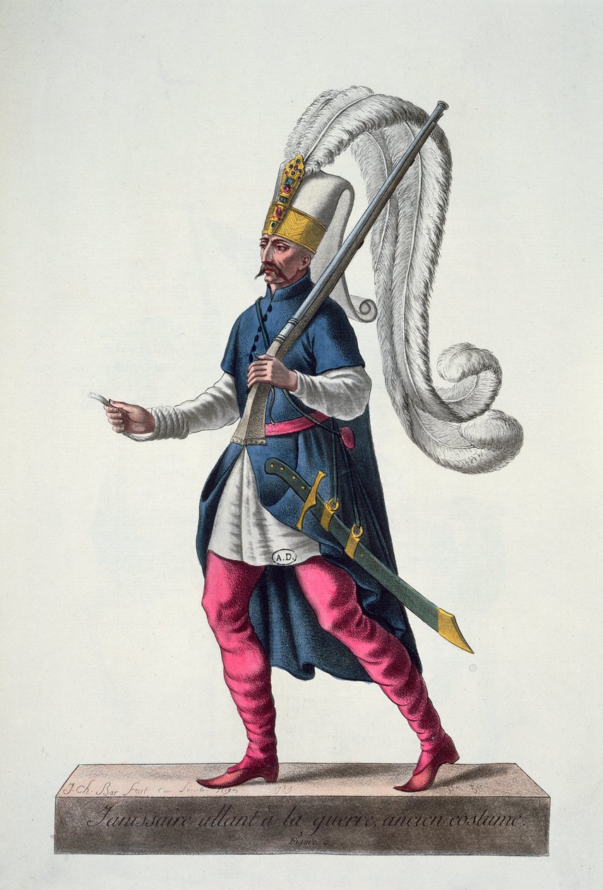 Egy török ​​janicsár, aki háborúba indul a 16. századi jelmezben, a Recueil de Tous les Costumes des Orders Religieux et Militaires, 1789-ből (színes metszet) alkotó: J. C. Bar