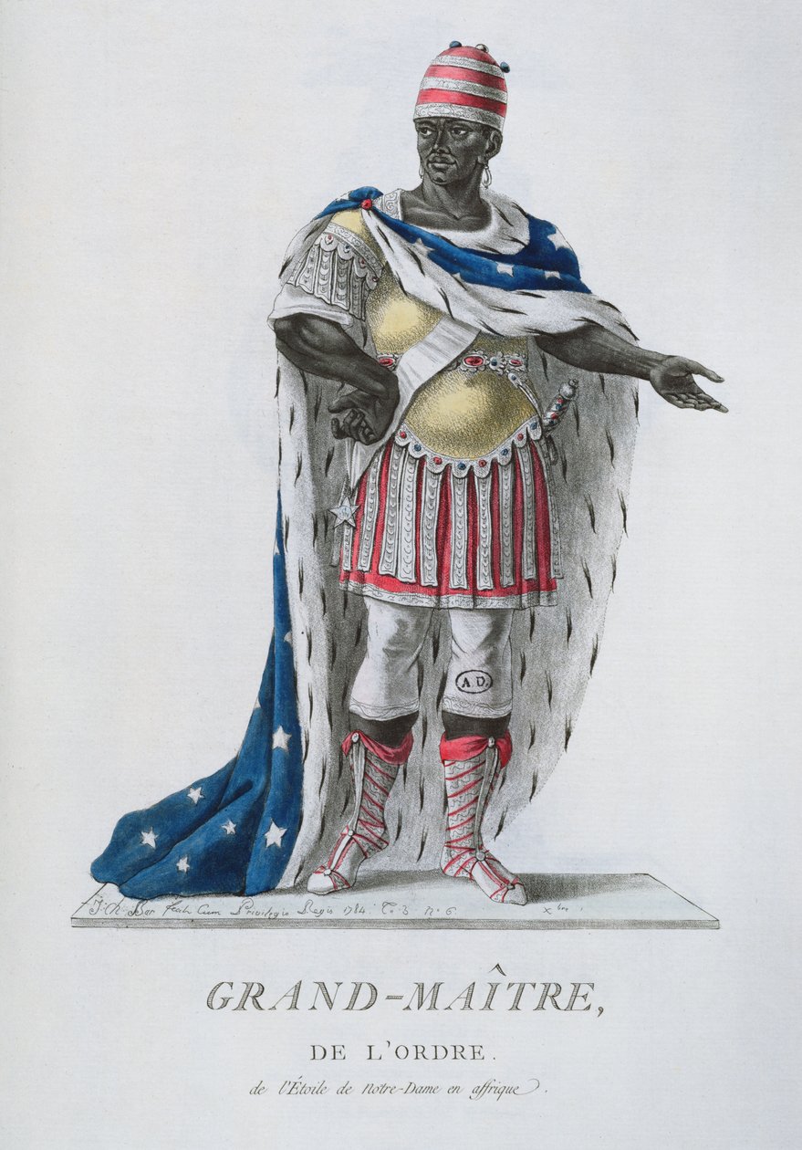 A Notre-Dame Csillaga Rend nagymestere, afrikai ünnepi ruhában, a „Recueil de Tous Les Costumes des Orders Religieux et Militaires” című művéből, 1785-ben alkotó: J. C. Bar