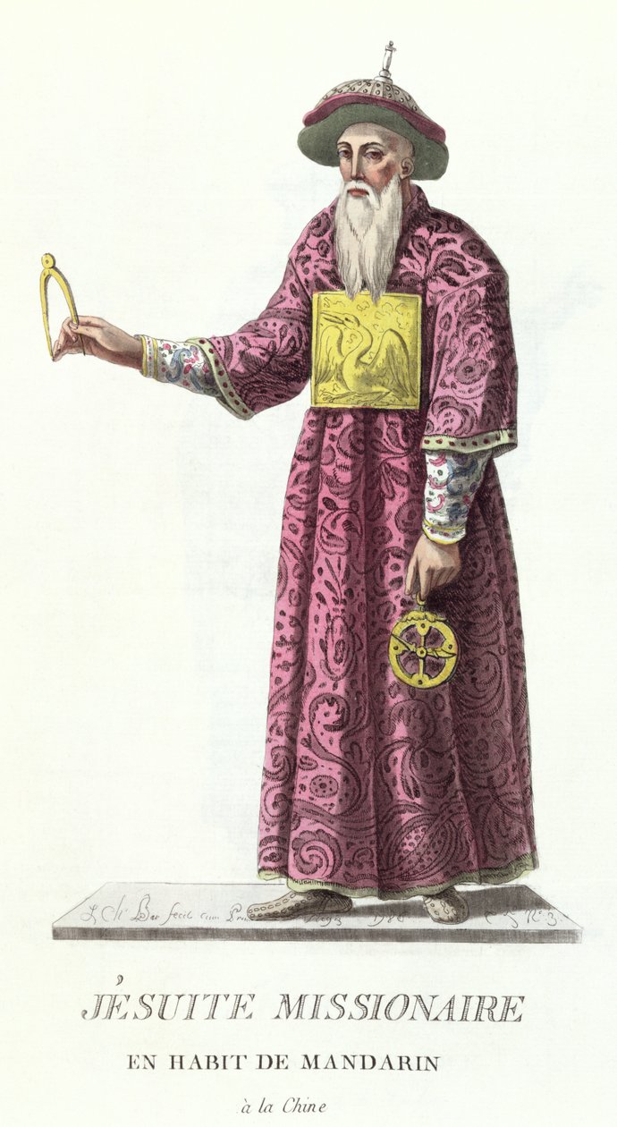 Jezsuita misszionárius mandarin jelmezben, a „Vallási és katonai rendek összes viseletének gyűjteményéből”, 1785-ben megjelent alkotó: J. C. Bar