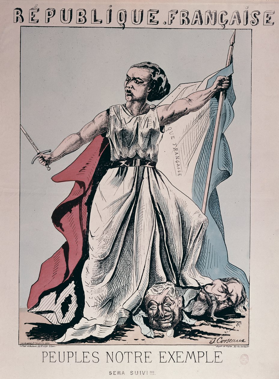 A Francia Köztársaság megszemélyesítője Louise Michel (1830-1905), amint Louis Adolphe Thiers (1797-1877) és III. Napóleon (1808-73) fejét tapossa (színes metszet). alkotó: J. Corseaux