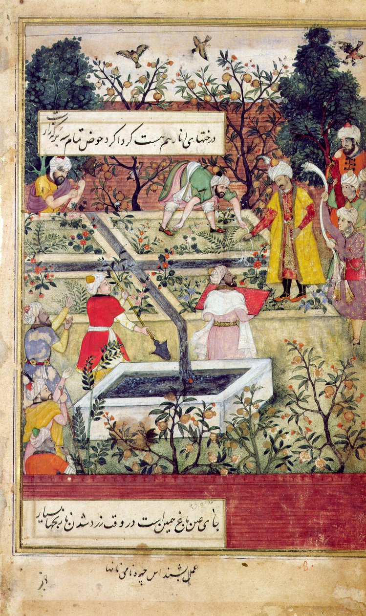 Babur császár (kb. 1494-1530) egy kert létesítését vizsgálja Kabulban, 1600 körül alkotó: J. Dorman