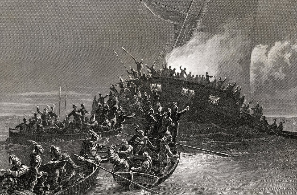 A Gaspe szkúner megsemmisítése Rhode Island vizeiben, 1772, J. Rogers metszet alkotó: J. McNevin