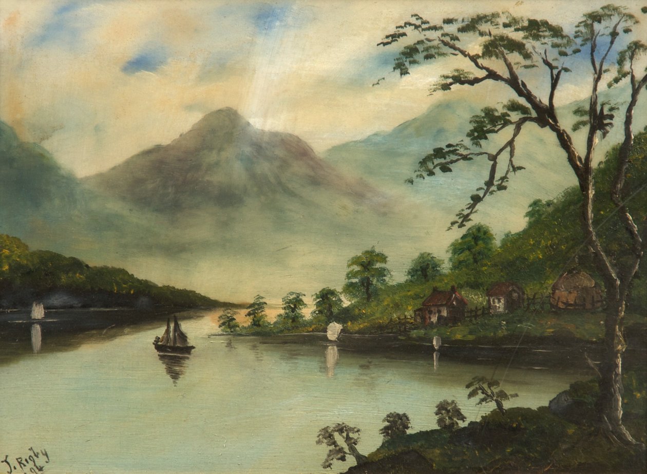 Táj, tóval, hegyekkel és vitorlással, 1894 (olaj, üveg) alkotó: J. Rigby