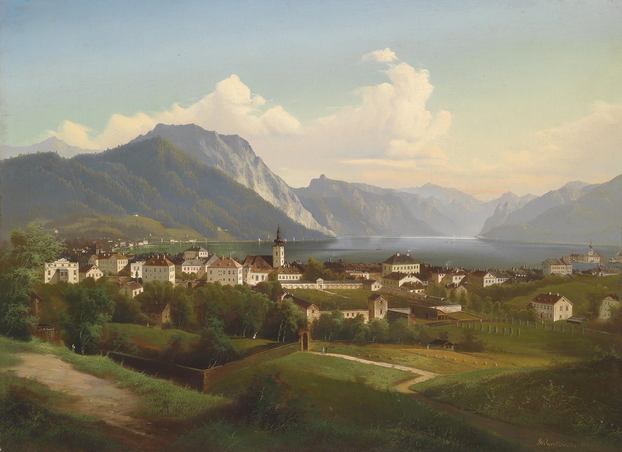 Kilátás a Gmundenre és az Orth kastélyra a Traunsee -tavon alkotó: J. Wilhelm Jankowsky
