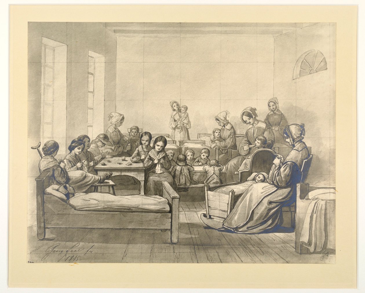 Kinder-Kranken-Saal, kórtermi jelenet gyerekekkel és diakonisszákkal Kaiserswerthben, 1845 alkotó: J.B. Sonderland