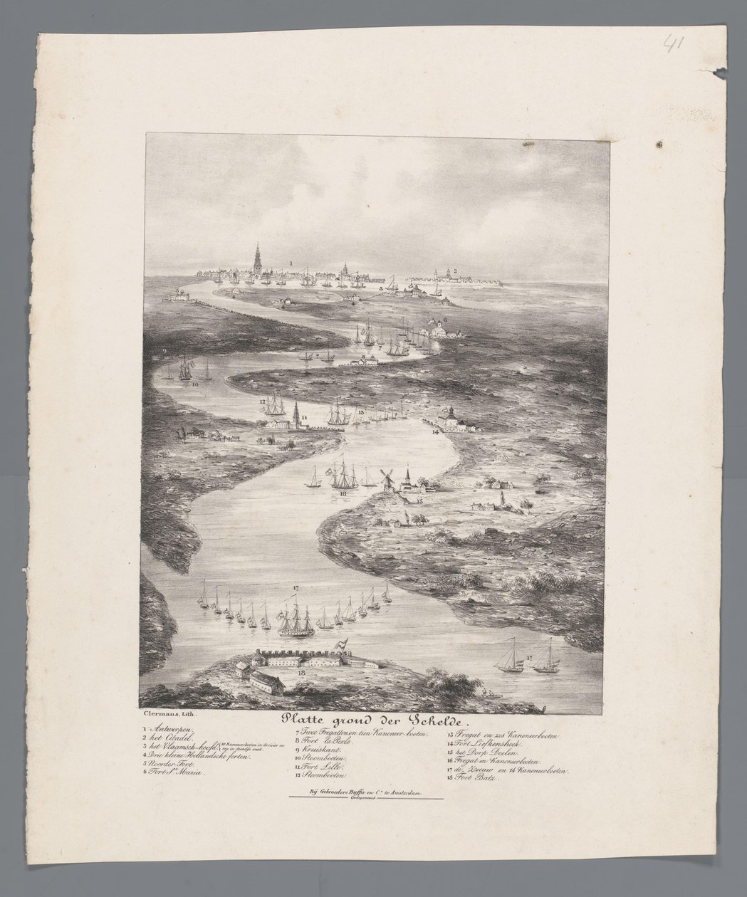A Scheldt séta Fort Bathtől Antwerpenig, 1832 A Scheldt térképe (cím az objektumon) alkotó: J.B. Clermans
