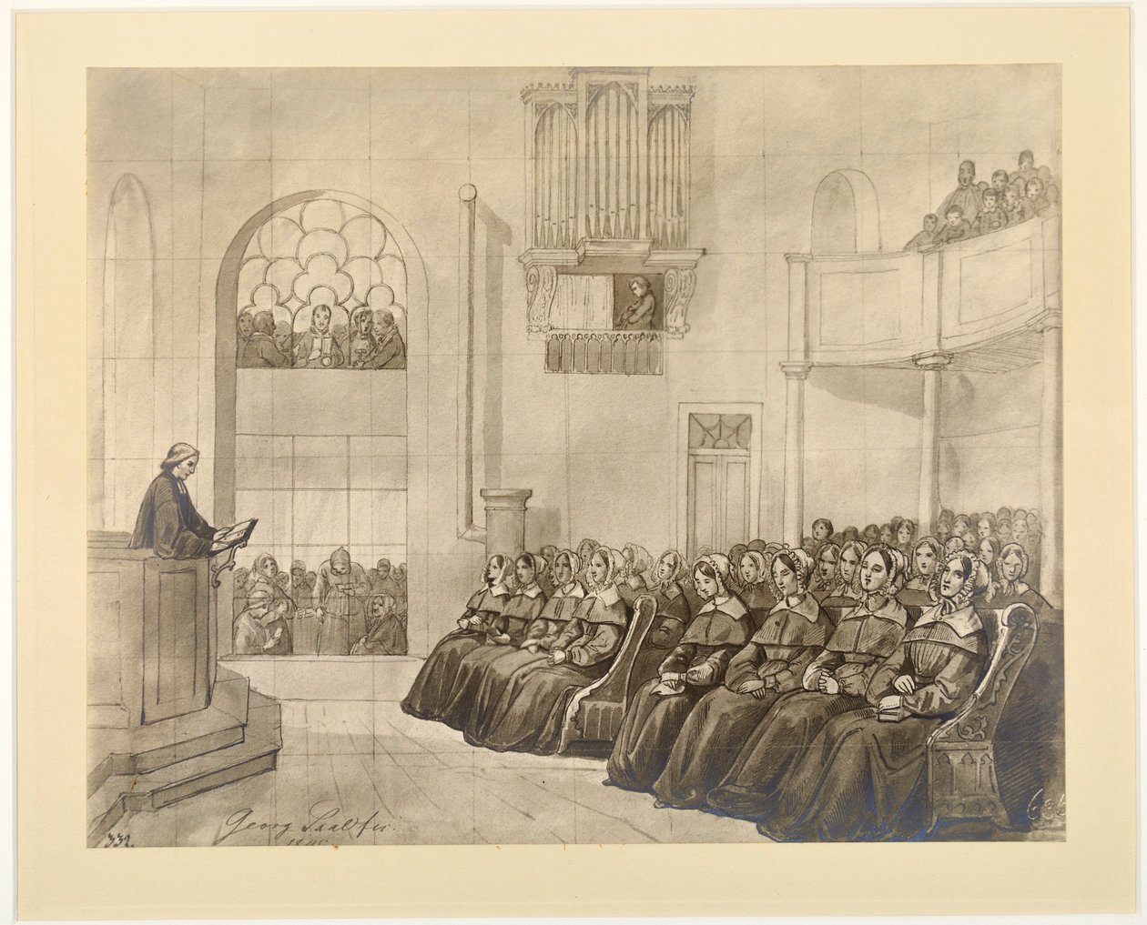Diaconissen-Kirche, Fliedner lelkész prédikál a diakonisszáknak a kaiserswerthi kápolnában, 1840 alkotó: J.B. Sonderland