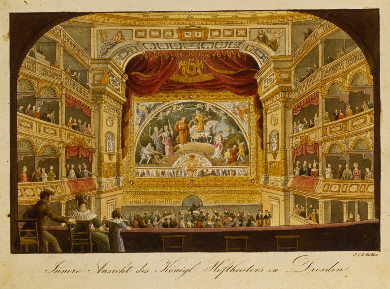 A drezdai királyi színház belseje, 1845 körül (kézzel színezett metszet) alkotó: J.C.A. Richter