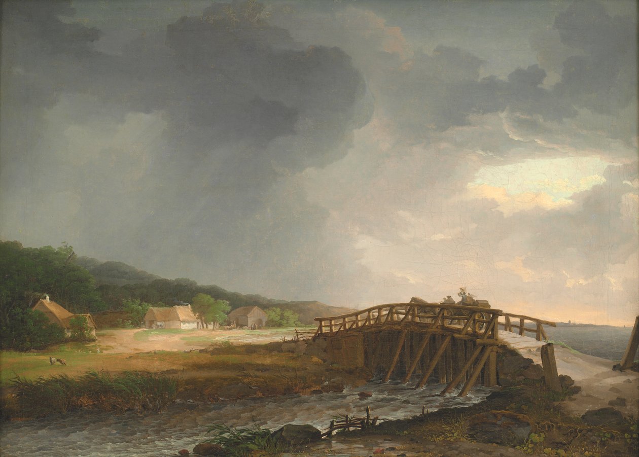 A Tryggevælde folyón átívelő híd, kilátással Køge-re, Zélandra alkotó: Johan Christian Dahl