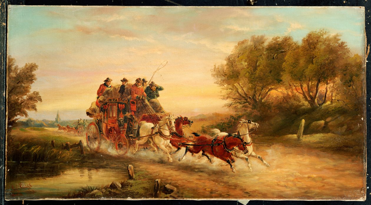 Az Oxford-London Mail Coach, 1883 alkotó: J.C. Maggs