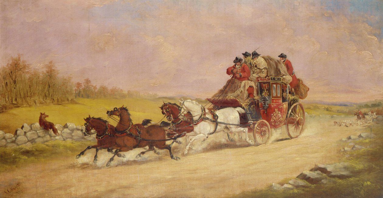 A királyi postakocsi a róka és a vadászat között, 1881 alkotó: J.C. Maggs