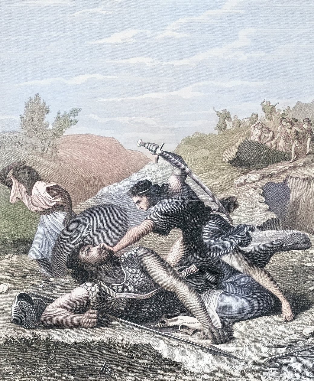 Dávid és Góliát (színes metszet) alkotó: J.F.C. (after) Reckleben