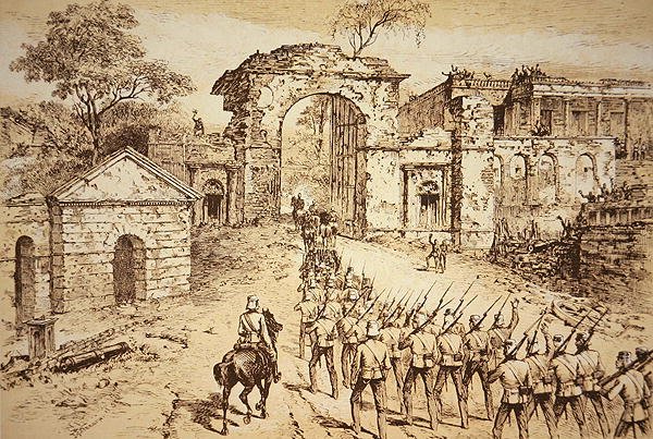 Outram tábornok 1858. szeptember 25-én belépett a lucknowi rezidencia védelmébe, Havelock felmentő erőinek (litho) élén alkotó: J.F. (after) Weedon
