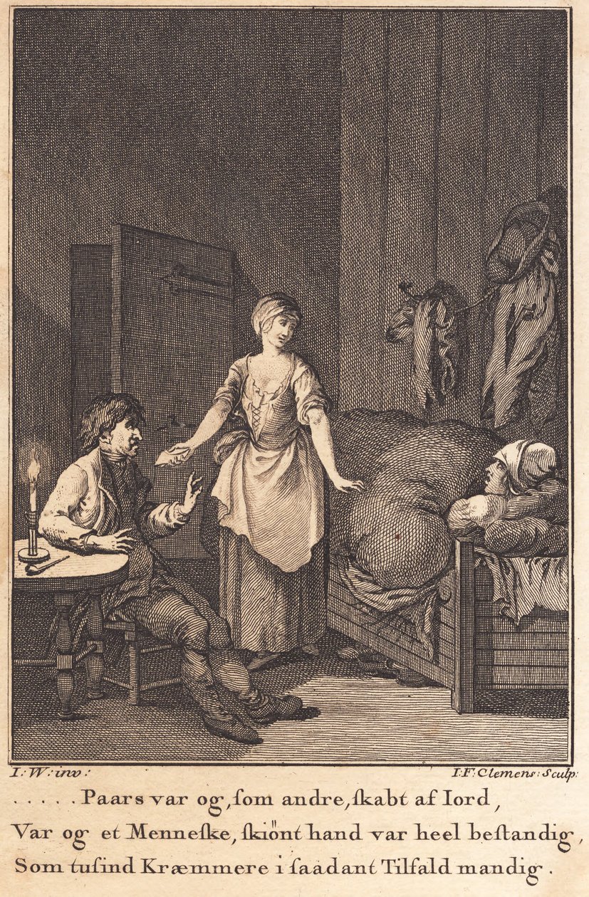 Marthe, a szakács belép Peder Paars és Per Ruus nappalijába alkotó: J.F. Clemens