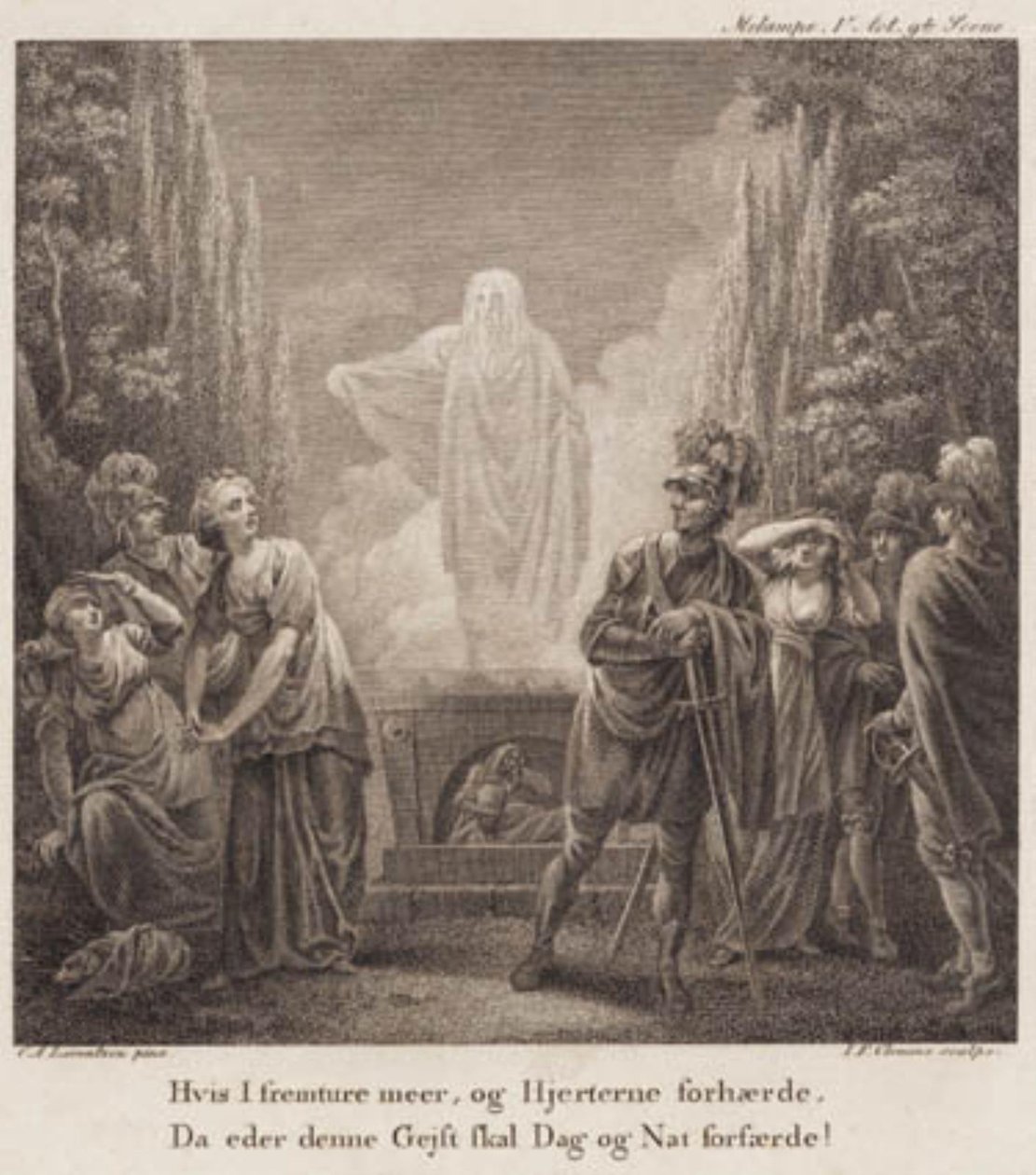 Melampe. Ha tovább mész, és megkeményedik a szíved, mikor fog ez a szellem éjjel-nappal megrémíteni? Metszet Llorentzens Holberg Galleri nyomán. alkotó: J.F. Clemens