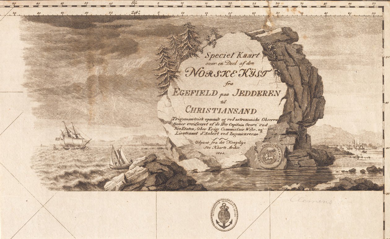 "Speciális térkép a norvég tengerpart egy részének Egefieldtől a Jedderentől Christiansandig" alkotó: J.F. Clemens