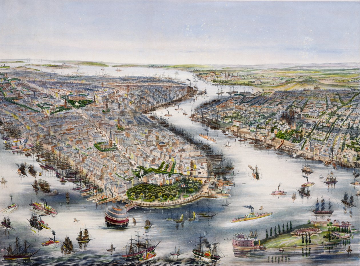 New York és Brooklyn madártávlatból, nyomtatta I. Schaerer alkotó: J.H. Lochner