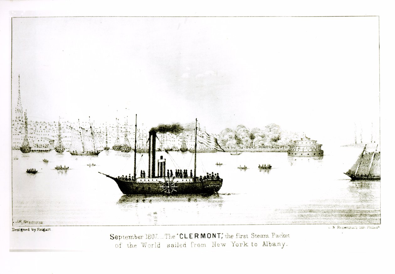 A „Clermont”, az első gőzcsomag, amely 1807 szeptemberében New Yorkból Albanyba hajózott, metszett L.N. Rosenthal (litográfia) alkotó: J.H. Sherwin