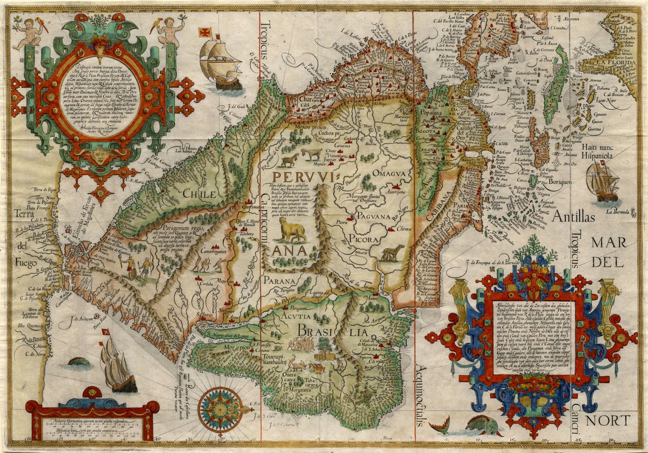 Delineatio omnium orarum totius Australis parties Americae..., 1596 körül (kézzel színezett rézmetszet) alkotó: J.H. & van Langren A.F. (1571-1644) Linschoten