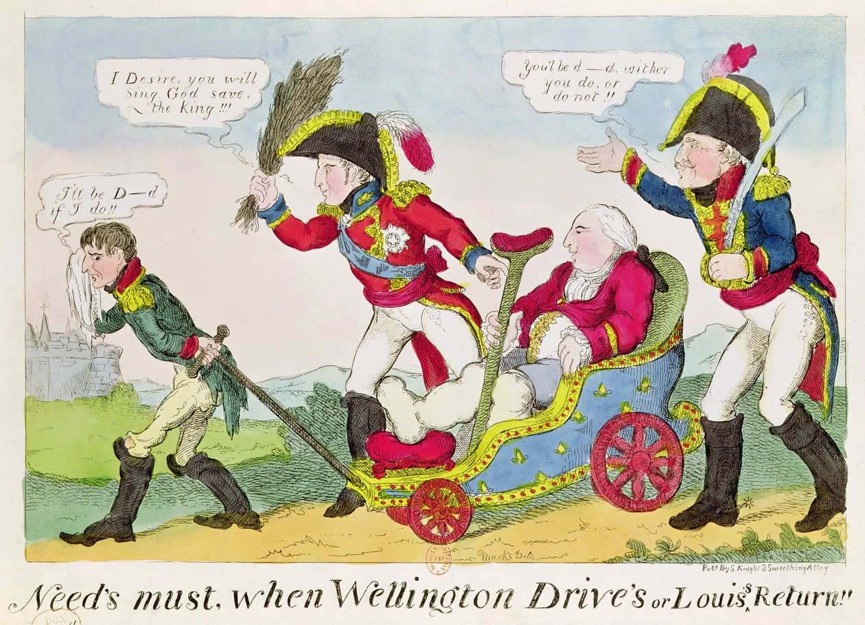 „Kell kell, amikor Wellington Drive vagy Lajos visszatér” – XVIII. Lajost (1755-1824) ábrázoló karikatúra Wellington hercege (1769-1852) által vezetett kocsin, amelyet Napóleon császár (1769-182) húzott. alkotó: J.L. Marks