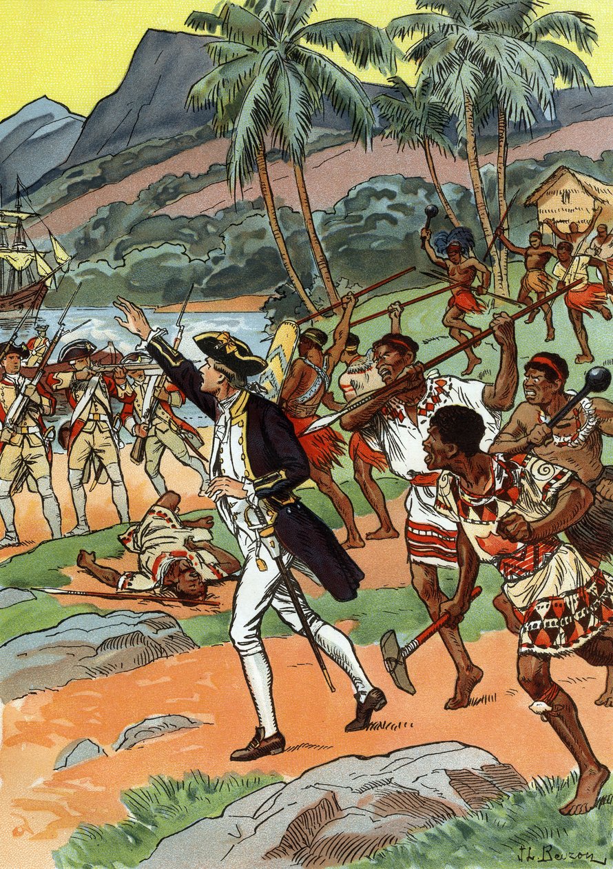 Hawaii helyiek által meggyilkolt James Cook halála alkotó: J.L Beuzon (fl.1880 1940)