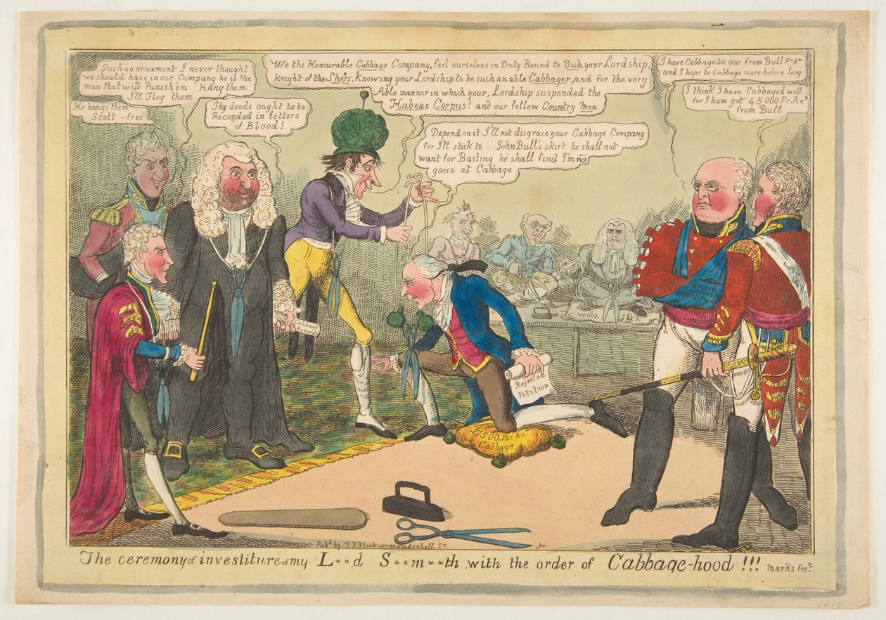 L**d S**m**th beiktatási ceremóniája a Káposzta-hood Renddel, kb. 1819. június. alkotó: JL Marks