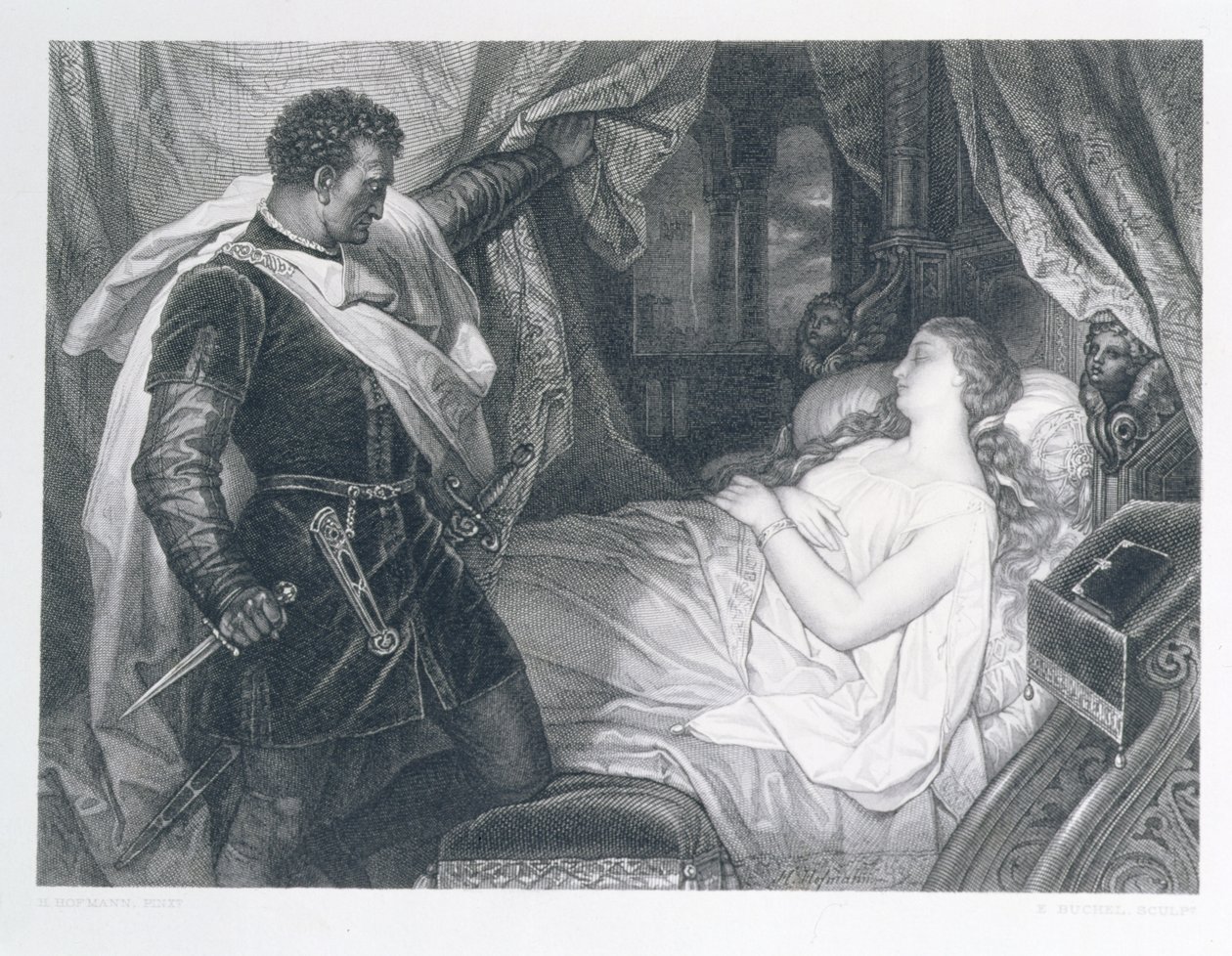 Othello és Desdemonda, metszett Eduard Buchel (1835-1903) alkotó: J.M.F. Heinrich