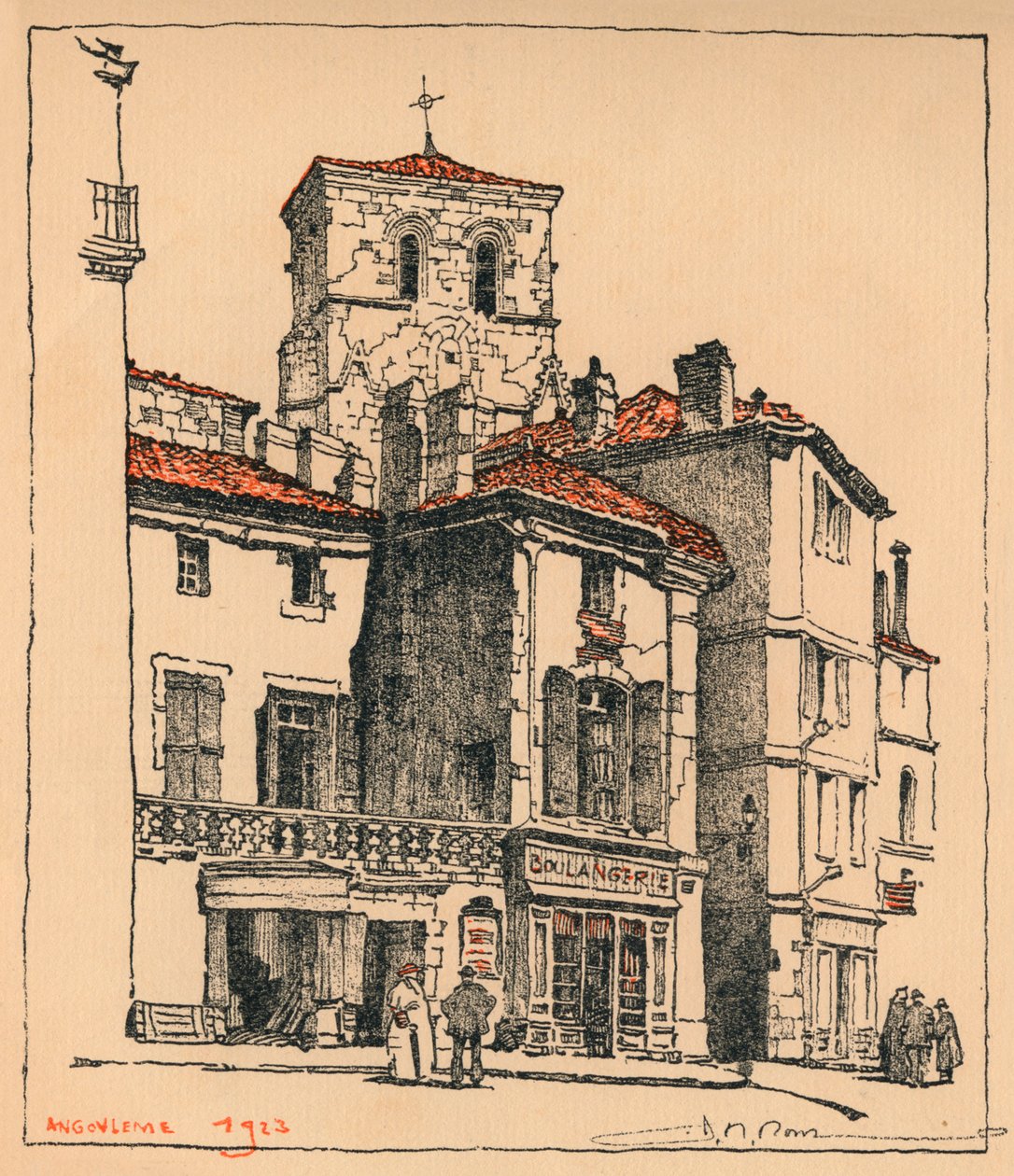 A Place du Murier, a Szent András-templom tornyával, Angouleme-ben, Franciaországban, 1924 alkotó: JR Rowe