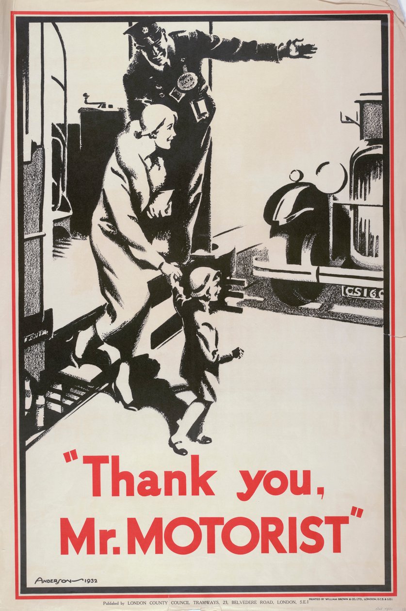 „Thank You Mr Motorist”, London Megyei Tanács LCC Tramways plakátja, 1932 alkotó: JS Anderson