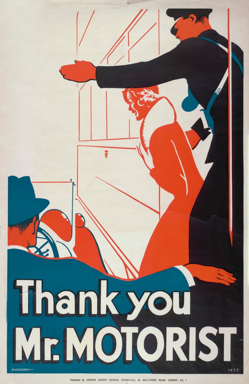 „Thank You Mr Motorist”, London Megyei Tanács LCC Tramways plakátja, 1933 alkotó: JS Anderson