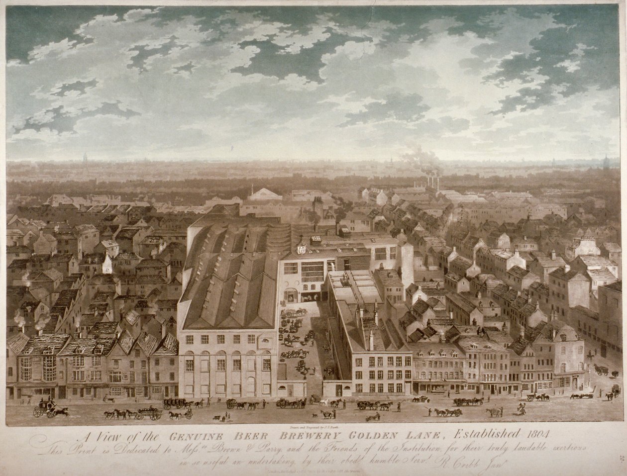 A Genuine Beer Brewery légifelvétele, Golden Lane, City of London, 1807 alkotó: JS Barth