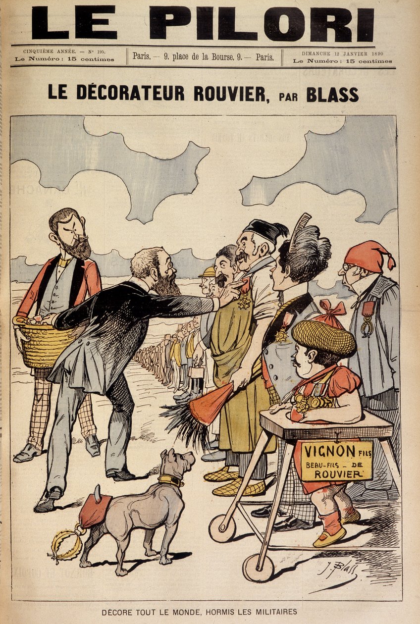 (Karikatúra a 19. század végének pénzügyi botrányairól) "" Le Decorateur Rouvier, Blass: Decore mindenkit, kivéve a katonaságot"" Maurice Rouvier (1842-1911) (Wilson-ügy) - Illusztráció: J. Blass