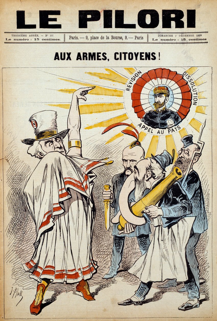 Az egyik újság "" a pellengér"": "" a polgároknak fegyvereket! „” 1888. december 2-án a Boulanger tábornok elleni tüntetésen. Illusztráció: J. Blass (Albert Douat dit) (1847-1892) alkotó: J.  Blass