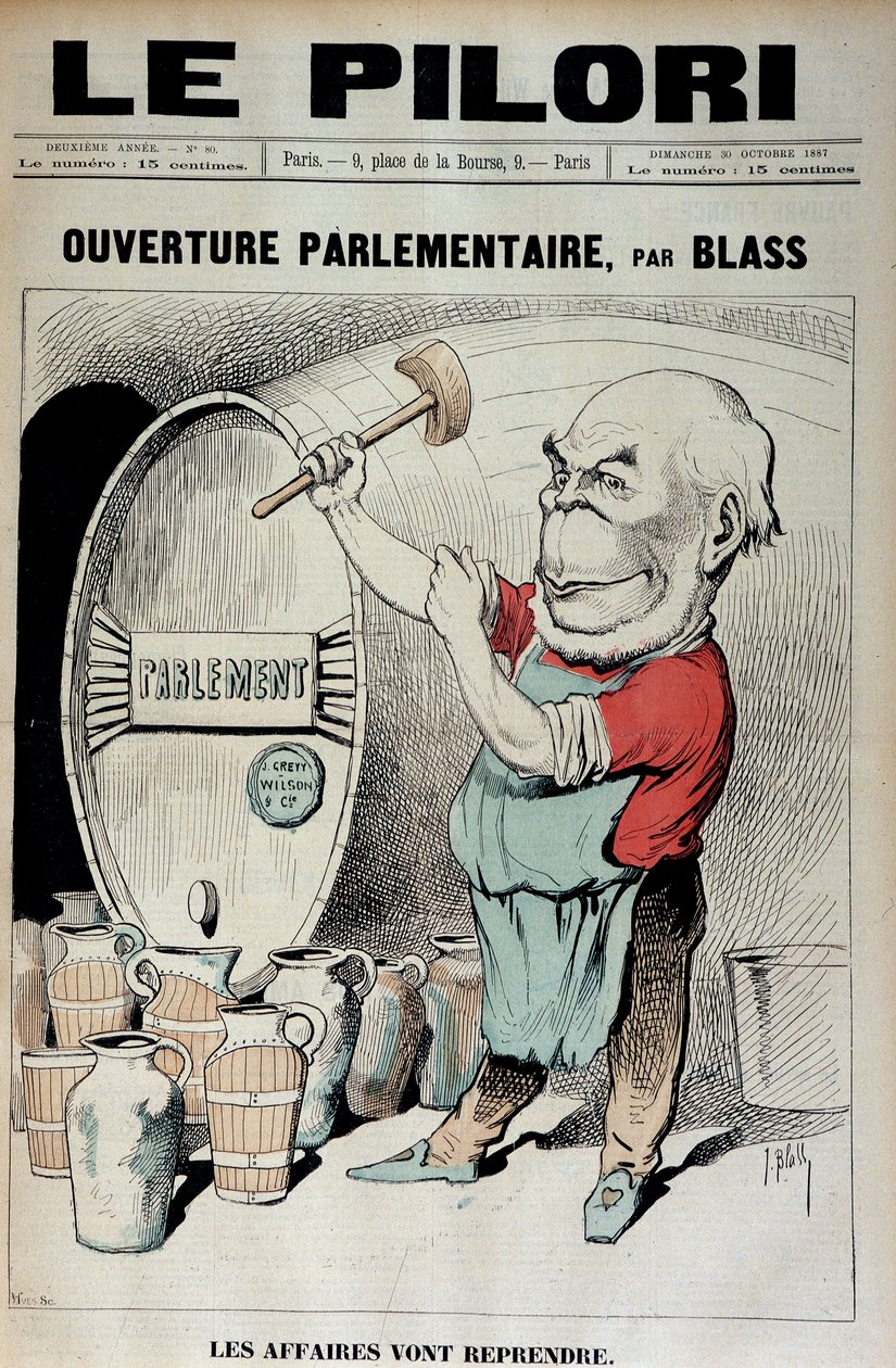 A parlament megnyitása: az üzlet folytatódik (Karikatúra a Daniel Wilson és Jules Grevy kitüntetési botrányáról) - J. Blas (Albert Douat dit) (1847-1892) illusztrációja a "Le Pilori" 1887. október 30-i számában. alkotó: J.  Blass