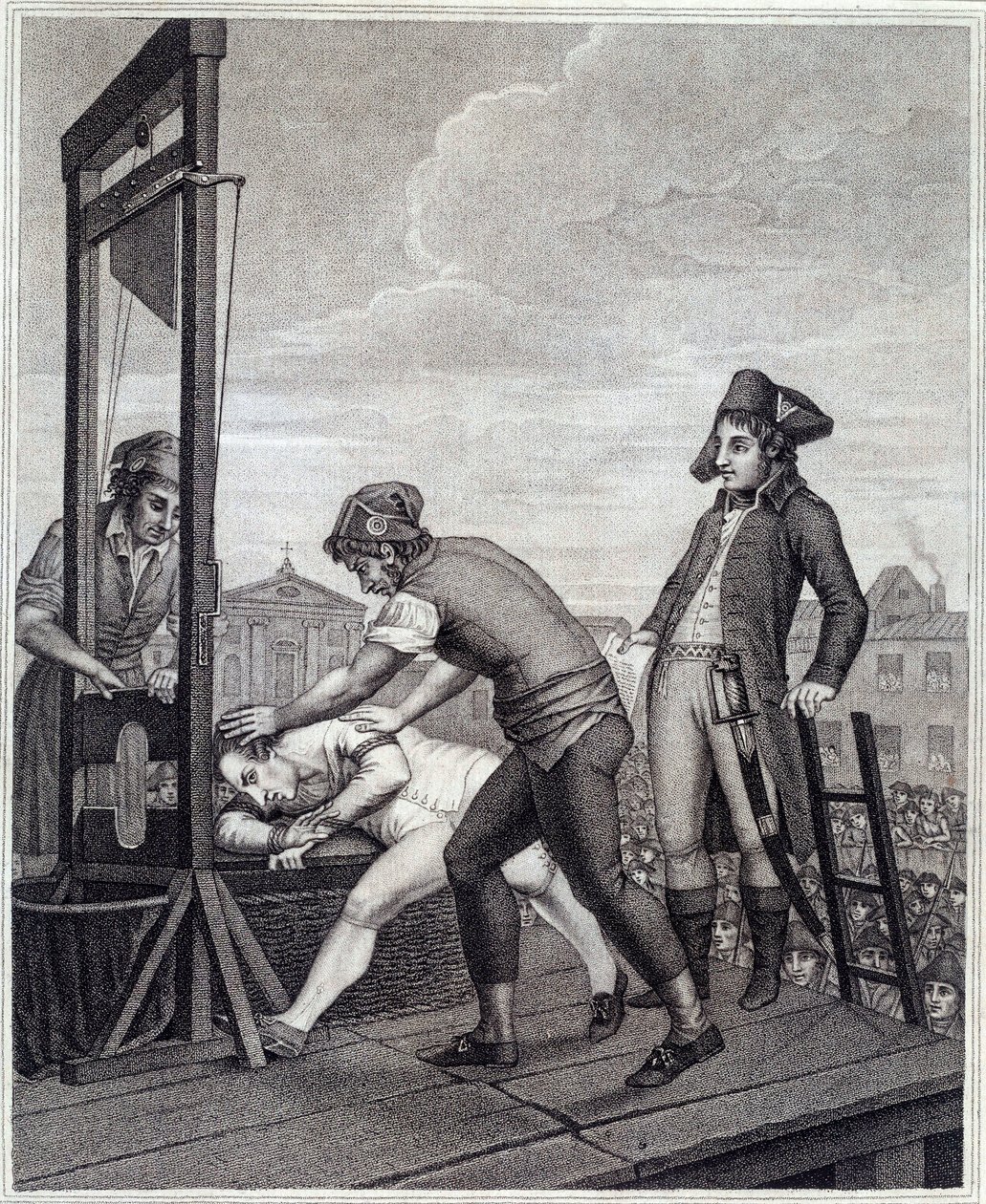 Maximilian de Robespierre (1758-1794) kivégzésénél a guillotine 1794. július 28-án a Place de la Concorde-n található, James Idnarpila metszete J. Beys nyomán. 1799 körül. Párizs, Musee Carnavalet alkotó: J. (after) Beys
