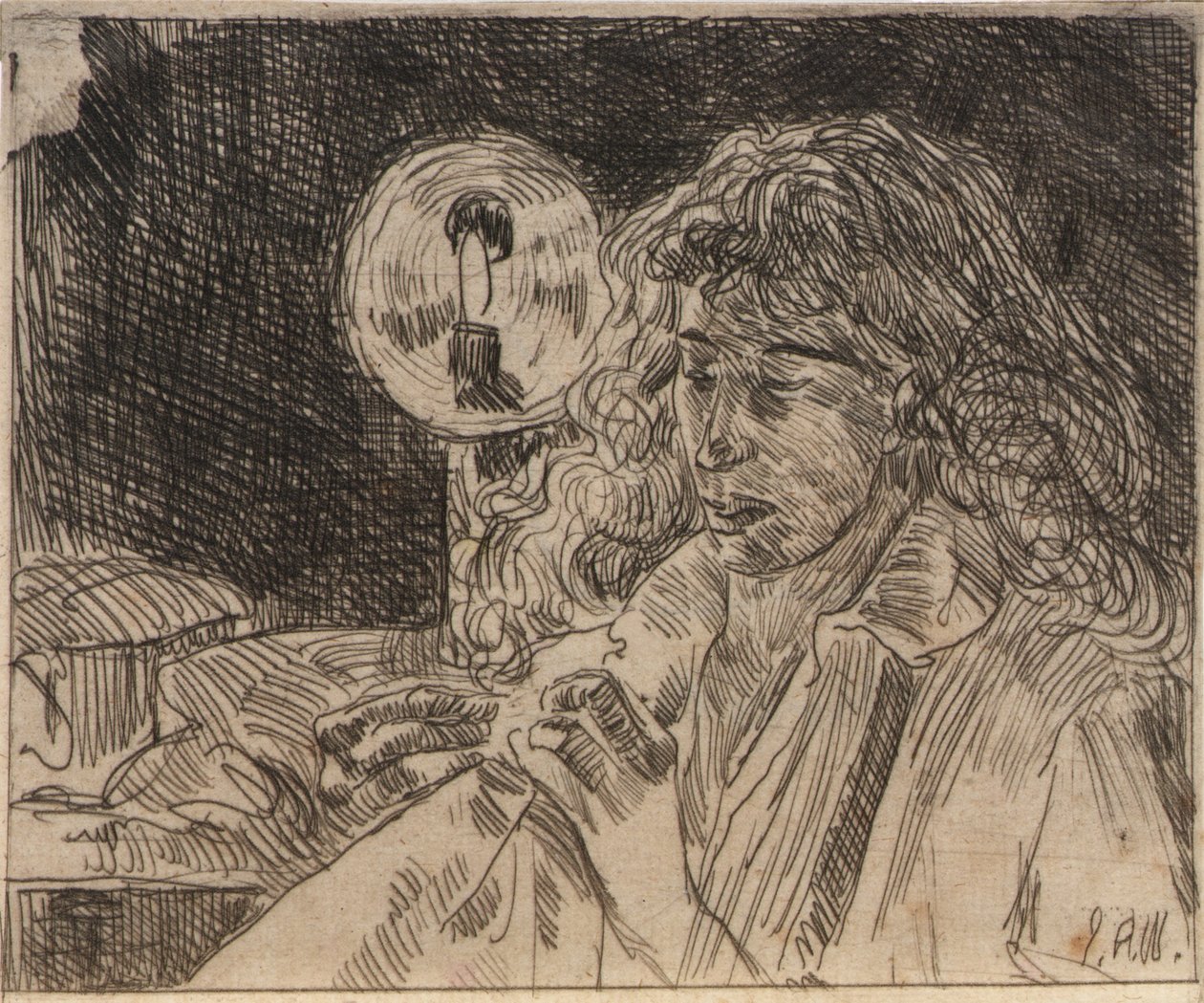 Varrás gyertyafénynél alkotó: J. Alden Weir