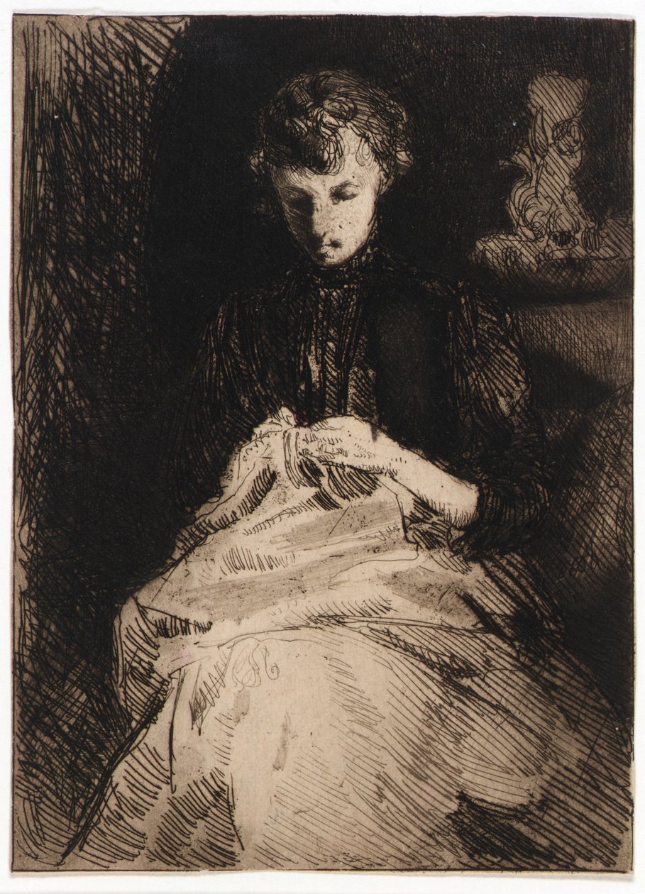 Nő ülve varrás alkotó: J. Alden Weir