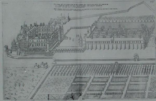 Chateau de Gaillon and Gardens, a Les Plus Belles Bastiments de France-ból, 1570-es évek (metszet) alkotó: J. Androuet  Ducerceau